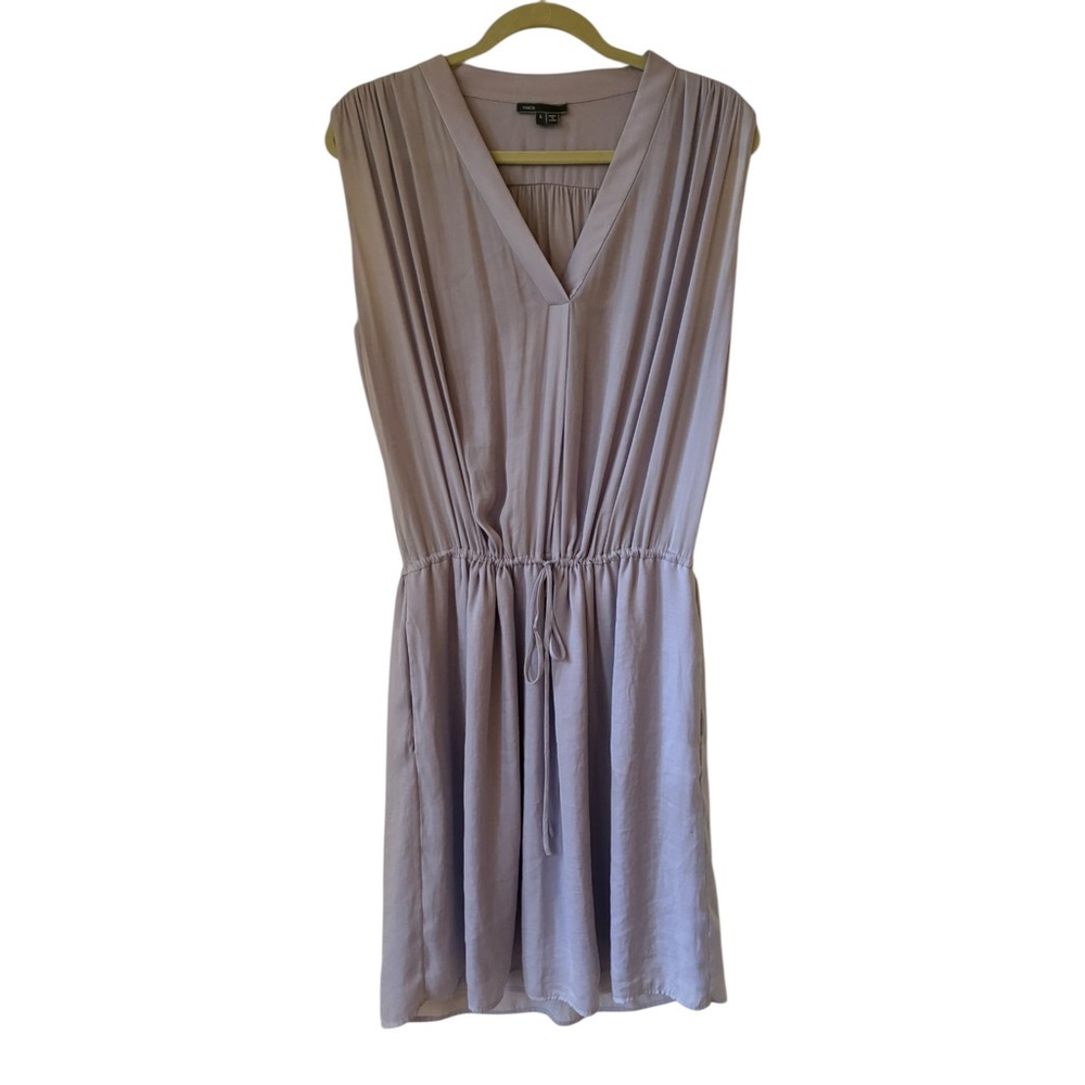 Vince Washed Satin Shirred Shoulder V-Neck Drawstring Waist Dress L Lavender - Picture 2 of 4